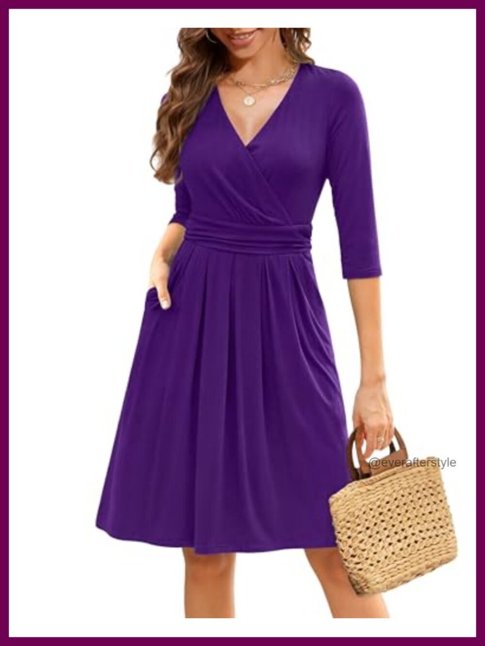Wrap V Neck 3/4 Sleeve A Line Cocktail Dress with Pockets